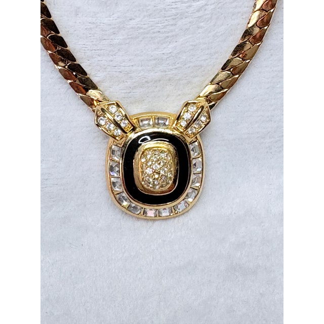 Gold Christian Dior 1970s Gold‑Tone Necklace With Black Enamel & Crystal Pendant For Sale - Image 8 of 8