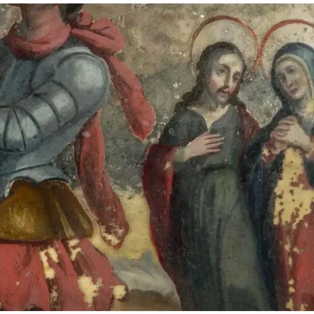 Glass Pair of Spanish Colonial School Reverse Glass Paintings Framed For Sale - Image 7 of 16