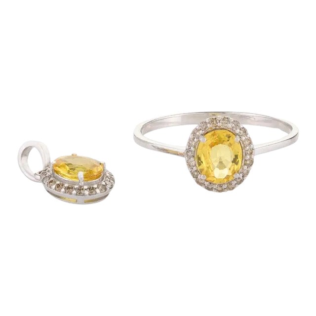 18k Gold Jewelry Set in Yellow Sapphire Diamond Pendant and Ring Size 7- 2 Pieces For Sale