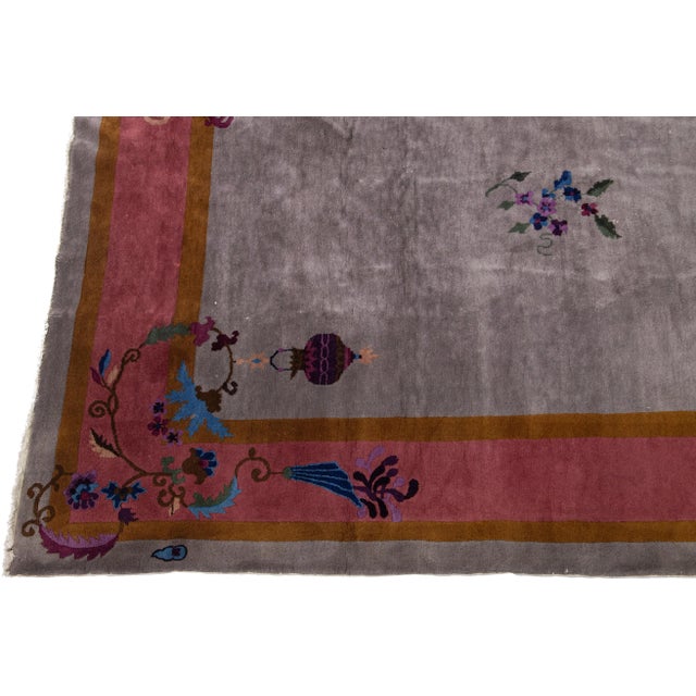 20th Century Antique Art Deco Handmade Gray Chinese Wool Rug With Floral Design For Sale - Image 4 of 11