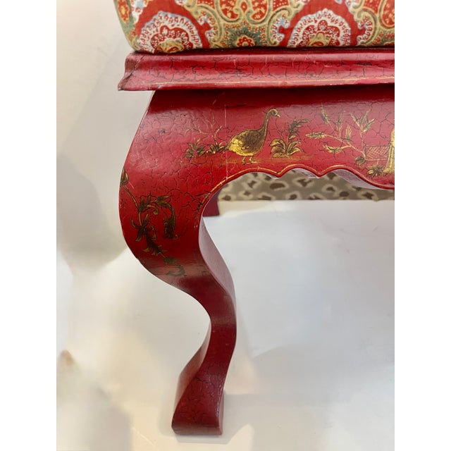 Vintage George II Style Red Chinoiserie Lacquer Bench / Upholstered Ottoman For Sale - Image 4 of 15