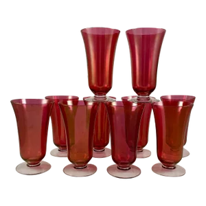 1930s Cranberry Optic Glass Art Deco Era Footed Tall Goblets, Set of Ten