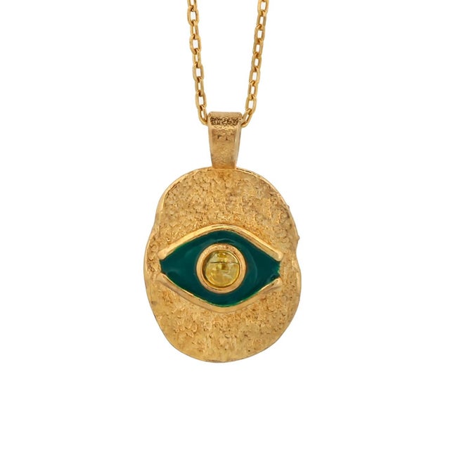 Early 21st Century Green Enamel Evil Eye Gold Pendant Happiness Necklace For Sale - Image 5 of 9