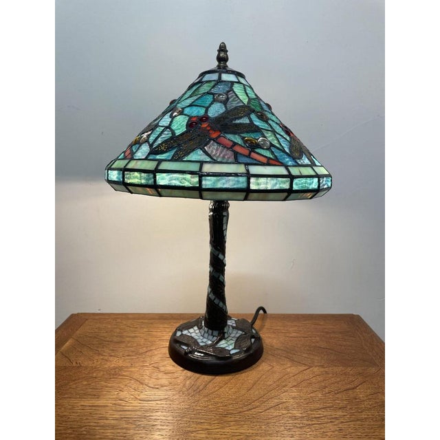 Tiffany Style Blue Mosaic Lamp with Dragonfly Motif For Sale - Image 5 of 5