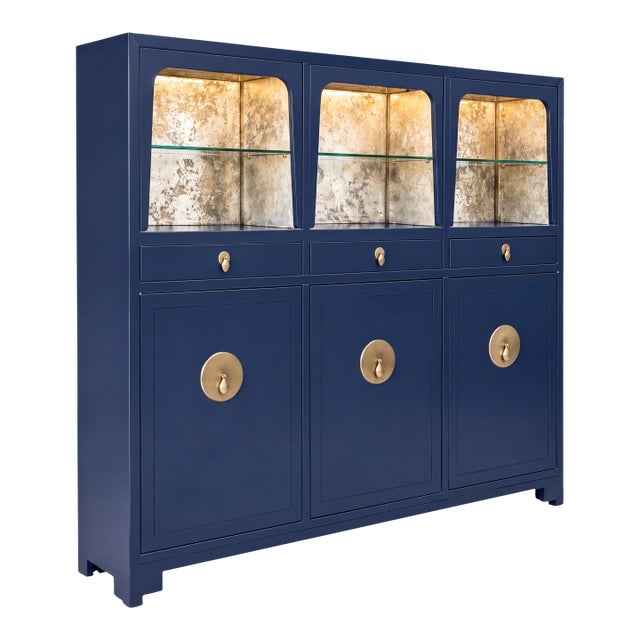 Michael Taylor for Baker Furniture Modern Ming Blue Lacquered Bar Cabinet Credenza For Sale