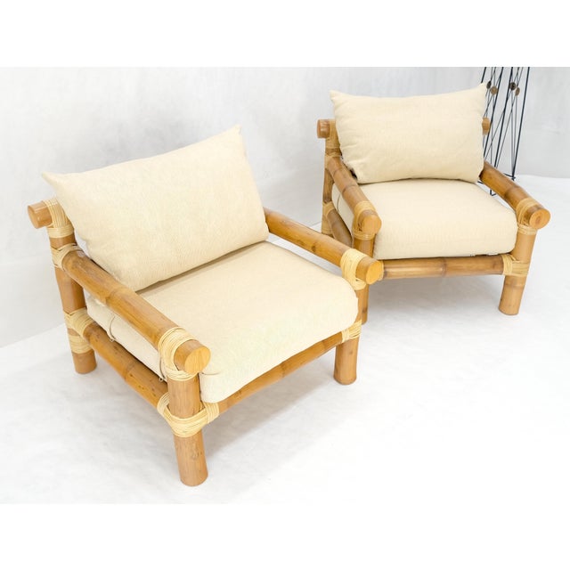 Pair of Thick Bamboo Upholstered Lounge Chairs Mid Century Modern MINT For Sale - Image 12 of 13