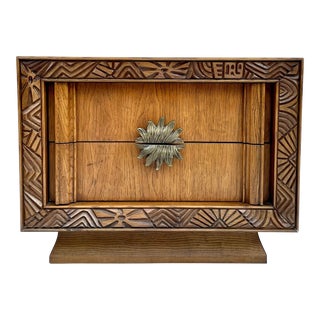 Vintage Brutalist Mid-Century Carved Wood Plinth Nightstand For Sale