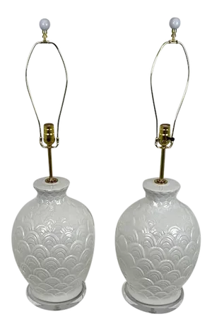 Vintage Large Ceramic Scallop Pattern Table Lamps - a Pair