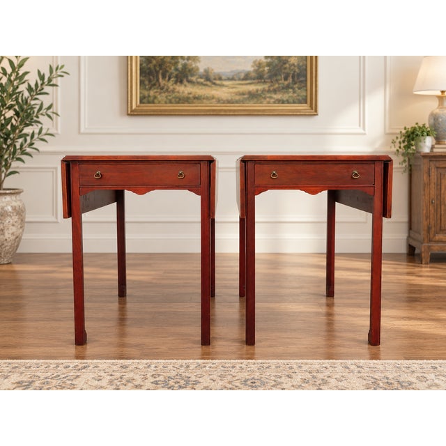 Petite pair of mahogany Pembroke style drop leaf end tables, circa 1940's / 1950's. Both tables are solid, sturdy, and...