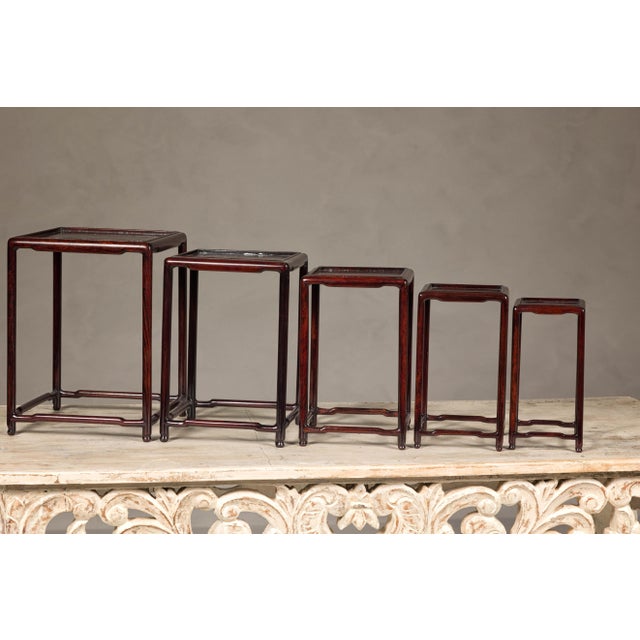 Small Size Rosewood Nesting Tables with Humpback Stretchers - Set of 5 For Sale - Image 11 of 12