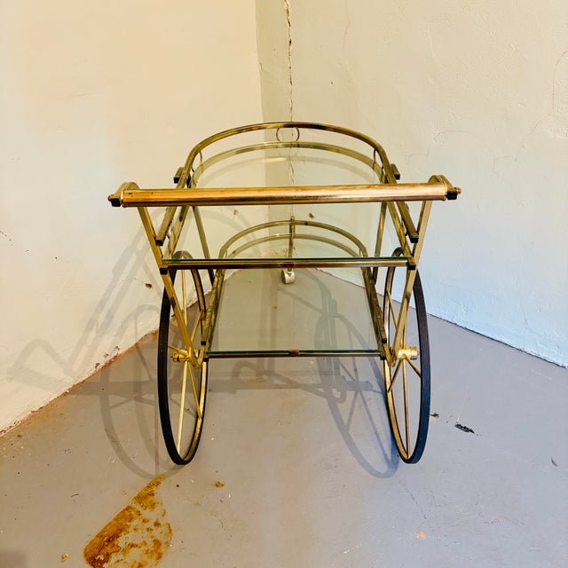 Hollywood Regency Vintage Hollywood Regency Brass & Glass Two-Tier Bar Cart For Sale - Image 3 of 12
