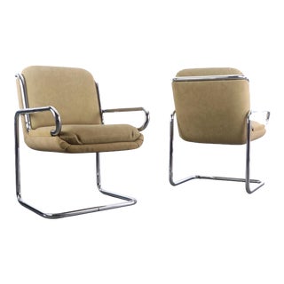 Mid Century Modern Lounge Chairs in Tubular Chrome and Newer Tan Upholstery - a Pair For Sale