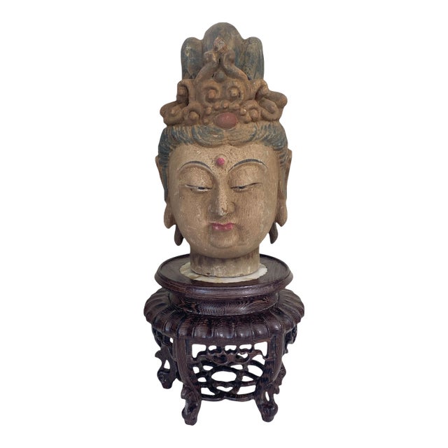 Vintage Asian Carved Wood Guanyin Head 9" H For Sale