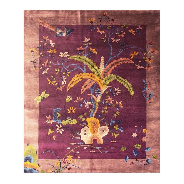 Art Deco 1920s Antique Purple Field Modern Handknotted Wool Chinese Art Deco Carpet Rug For Sale - Image 3 of 7