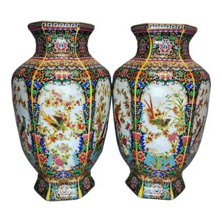 Mid 20th Century Famille Rose Hexagonal Porcelain Vases With Bird and Floral Motifs - Set of 2 For Sale