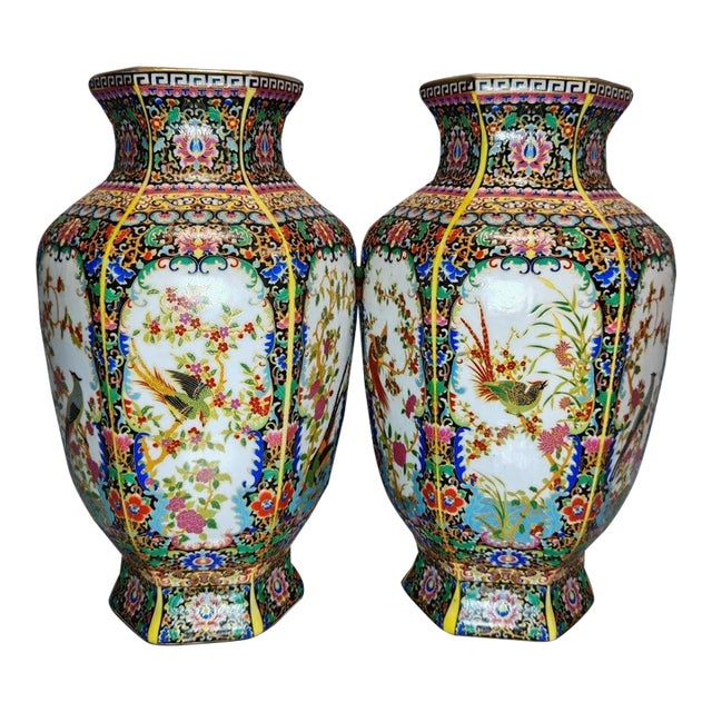 Mid 20th Century Famille Rose Hexagonal Porcelain Vases With Bird and Floral Motifs - Set of 2 For Sale