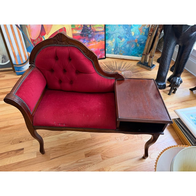 Vintage Mid-Century Louis XV Style Telephone Gossip Bench in Red Upholstery For Sale - Image 4 of 8