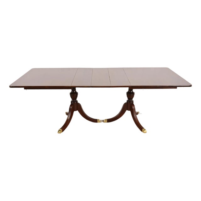 Baker Furniture Style Georgian Mahogany Double Pedestal Extension Dining Table, Newly Refinished For Sale