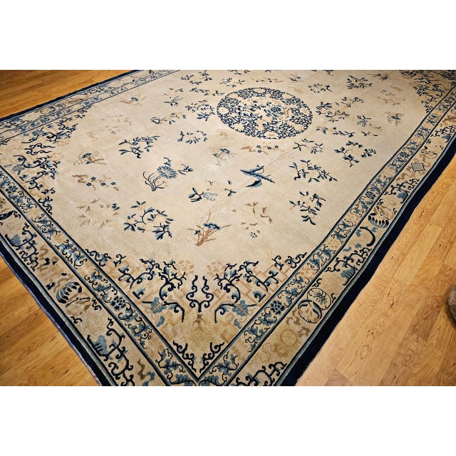 Antique Chinese Peking Oversize Rug, Wool on Cotton, All-Over Floral Design, Ivory & Blue, 12' X 18' For Sale - Image 9 of 18