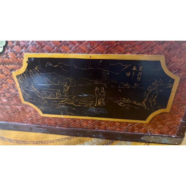 Chinoiserie Handmade Attributed Maitland-Smith Chinoiserie Bamboo Trunk Chest With Hand-Painted Panels For Sale - Image 3 of 12