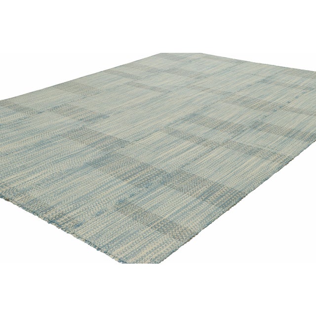 Rug & Kilim Rug & Kilim’s Contemporary Kilim in Textural Blue and Cream White Stripes For Sale - Image 4 of 7