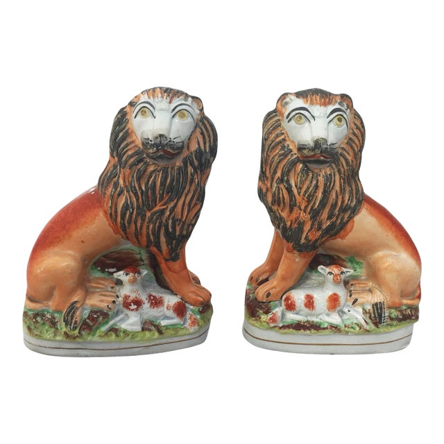 19th Century English Staffordshire Lions with Lambs - a Pair For Sale