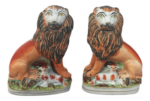 19th Century English Staffordshire Lions with Lambs - a Pair