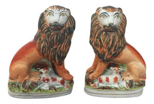 19th Century English Staffordshire Lions with Lambs - a Pair