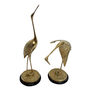 Mid Century Modern Large Brass Crane Figures on Wood Base - A Pair For Sale