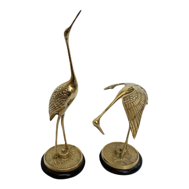 Mid Century Modern Large Brass Crane Figures on Wood Base - A Pair For Sale
