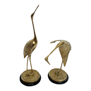 Mid Century Modern Large Brass Crane Figures on Wood Base - A Pair