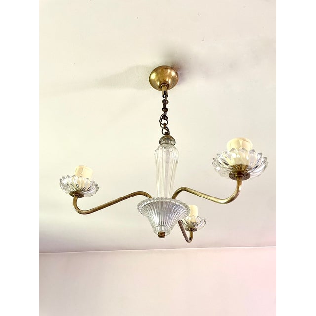 Small Glass and Brass Chandelier, 1950 For Sale - Image 4 of 12
