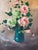 1970s 1970s Vintage Floral Still Life - Green & Pink Roses in Vase Oil on Canvas Painting by Bindi For Sale - Image 5 of 10