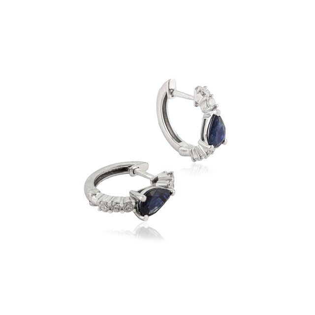 18k White Gold 1 Ct Pear-Shaped Blue Sapphire & Diamond Chic Hoop Earrings- A Pair For Sale - Image 4 of 14