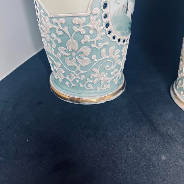 Antique Nippon Hand Painted Moriage Scenic Crane Vase Pair – 13” – Japan For Sale In Birmingham - Image 6 of 12