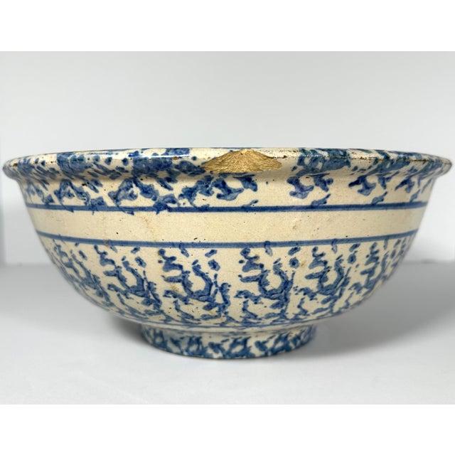 19th Century Antique Spongeware Mixing Bowl: Blue Banded Stoneware, 19th Century Americana For Sale - Image 5 of 10
