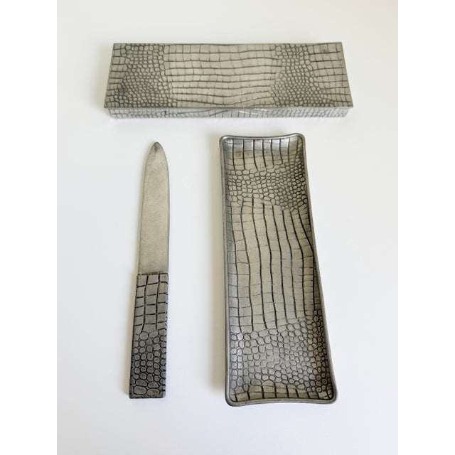 Silver French Pewter Crocodile Embossed Desk Set - Set of 3 For Sale - Image 8 of 8