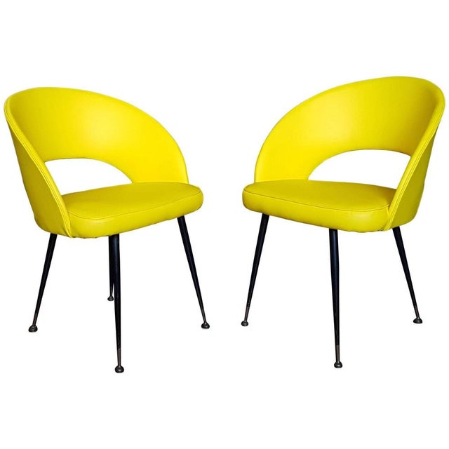 1950s Vintage Yellow Faux Leather Armchairs with Brass Legs, 1950s, Set of 2 For Sale - Image 5 of 5
