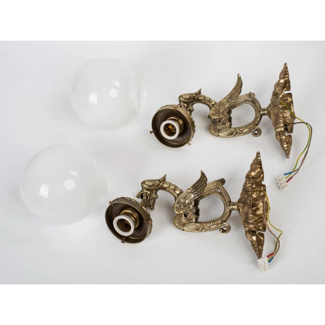1950s Spanish Gothic Revival Brass Dragon Wall Sconces With Opal Glass Shades - A Pair For Sale - Image 4 of 9