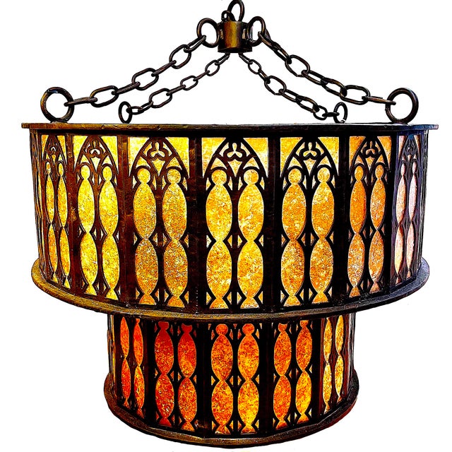 Late 20th Century Monumental Bespoke Hand-Forged Iron Gothic Chandelier With Mica Panels For Sale - Image 12 of 13
