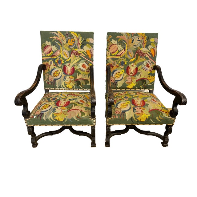 18th C. French Baroque Needlepoint Armchairs - A Pair For Sale - Image 12 of 15
