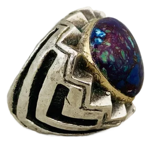 Vintage Early Dian Malouf Ring, Purple Mojave Turquoise in 14k Gold Bezel With Sterling Zigzag Surround & Continuing Down the Tapered Hammered Band