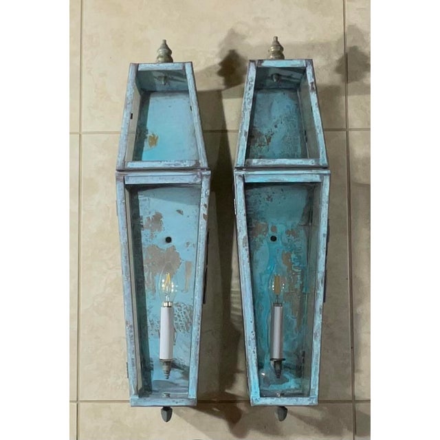 Turquoise Elegant Pair of Solid Brass Wall-Mounted Lanterns 26”.5 H X 6” W X 6”.5 D For Sale - Image 8 of 12