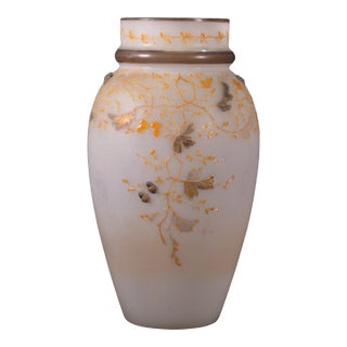 Late 19th Century Glass Vase Moser Style Art Nouveau Hand Painted Enameled Leaves 3d Acorns Antique For Sale