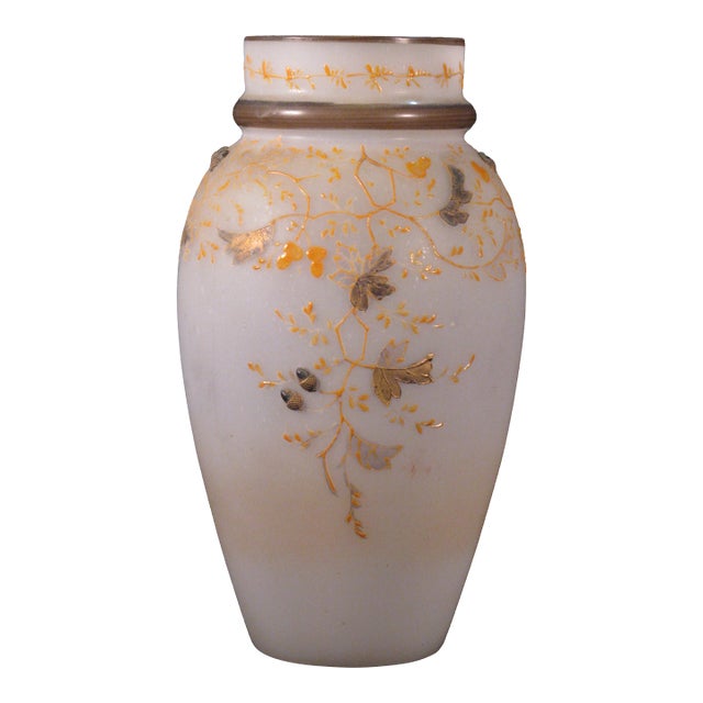 Late 19th Century Glass Vase Moser Style Art Nouveau Hand Painted Enameled Leaves 3d Acorns Antique For Sale