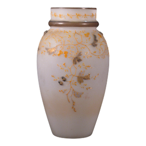 Late 19th Century Glass Vase Moser Style Art Nouveau Hand Painted Enameled Leaves 3d Acorns Antique