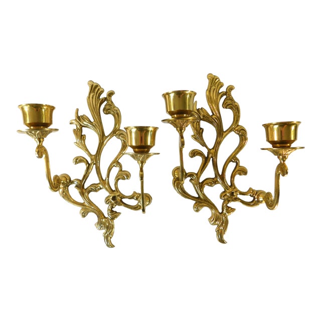 Pair Vintage Ornate Brass Double Candle Wall Sconces For Sale