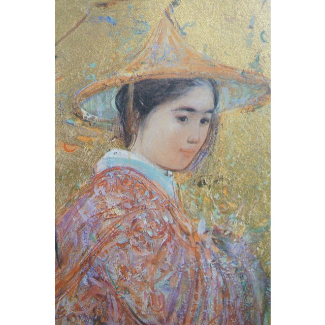 1980s Edna Hibel Japanese Ladies at Mountain & Mother Baby Oil Paintings - Set of 2 For Sale - Image 10 of 15