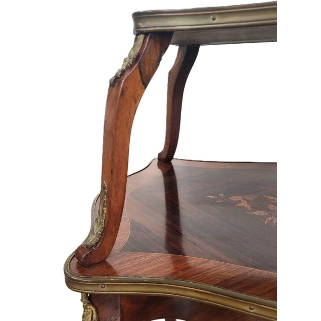 Antique French Louis XV Floral Inlay Rosewood & Bronze Double Tier Dessert Table For Sale - Image 13 of 15