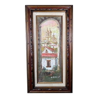 Vintage Signed Oil Painting of Spanish Mission in Ornate Carved Wood Frame For Sale